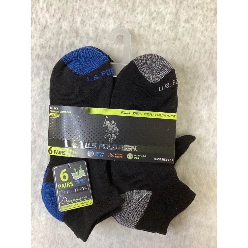 US Polo Assn Mens 6 Pair Low Cut Cushion Comfort Socks Black Blue Red Grey 6-12